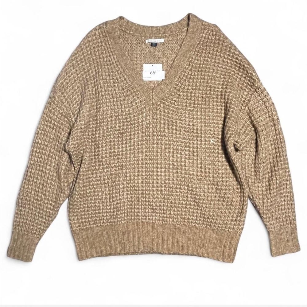American Eagle Outfitters Oversized Tan V-Neck Knit Sweater